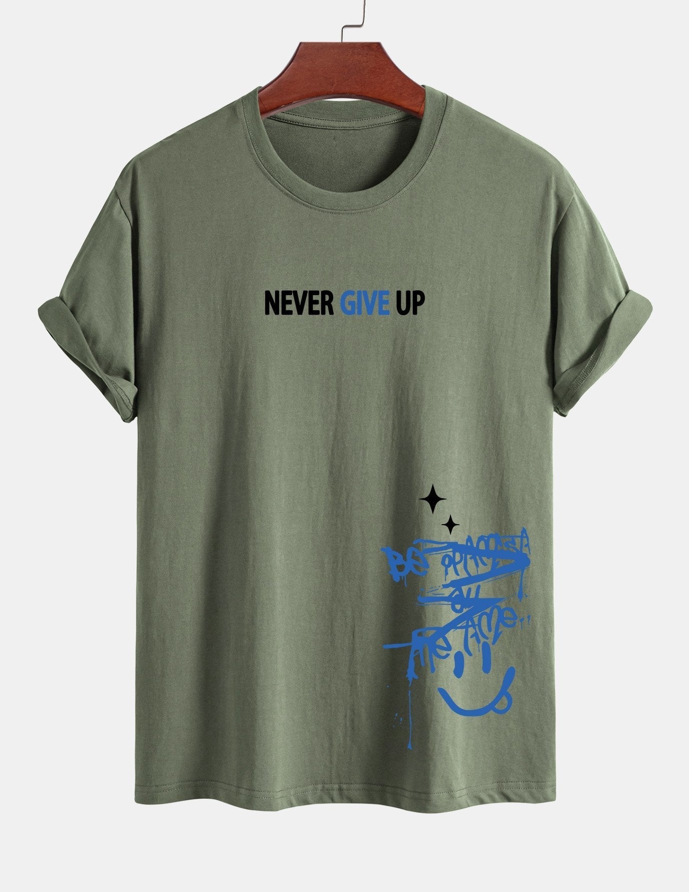 Regular Fit Never Give Up Smiley Face Print Cotton T-Shirt