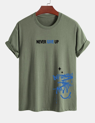 Regular Fit Never Give Up Smiley Face Print Cotton T-Shirt