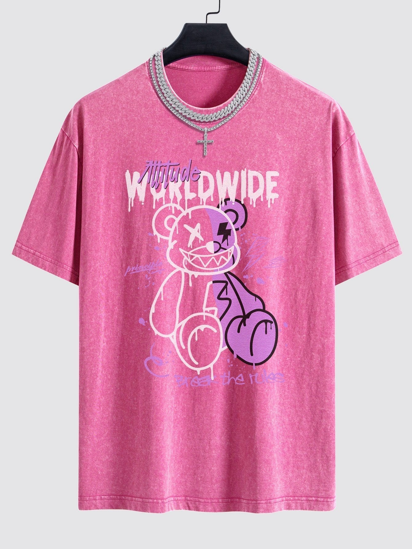 Dissolving Bear Print Washed Drop Shoulder Oversize T-Shirt