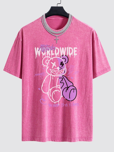 Dissolving Bear Print Washed Drop Shoulder Oversize T-Shirt