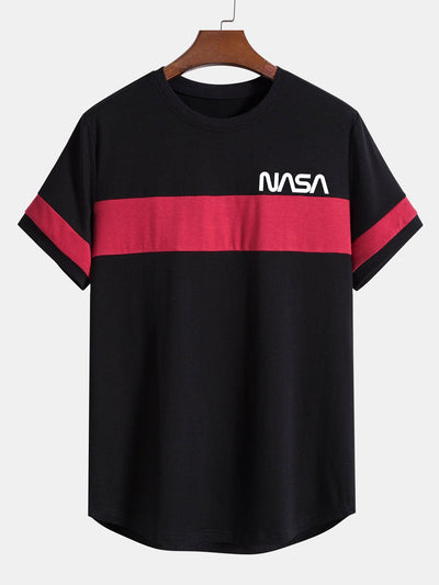 NASA Print Color Block Patchwork Arc Hem T-Shirt