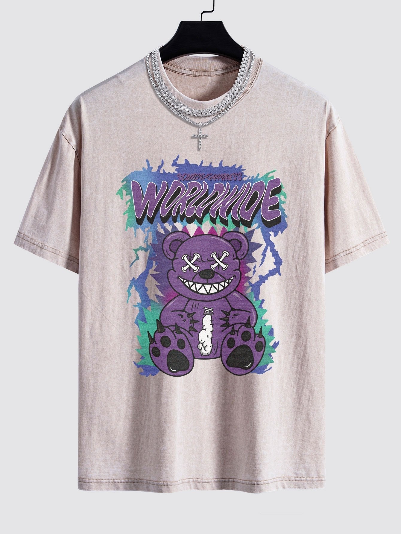 Tattered Bear Print Washed Drop Shoulder Oversize T-Shirt