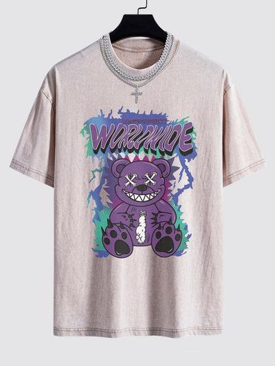 Tattered Bear Print Washed Drop Shoulder Oversize T-Shirt