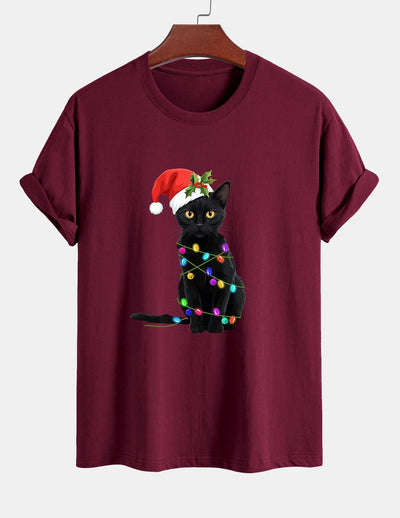 Regular Fit Christmas Lights Cat Print Cotton T-Shirt