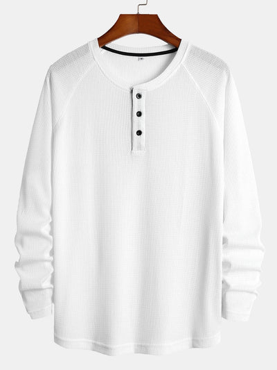3 Pieces Long Sleeve Arc Hem Waffle Henley Shirt