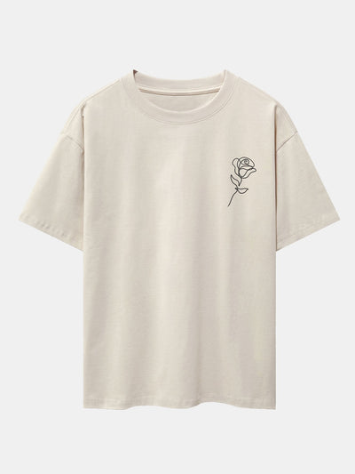 Simple Rose Print Drop Shoulder Oversize T-Shirt