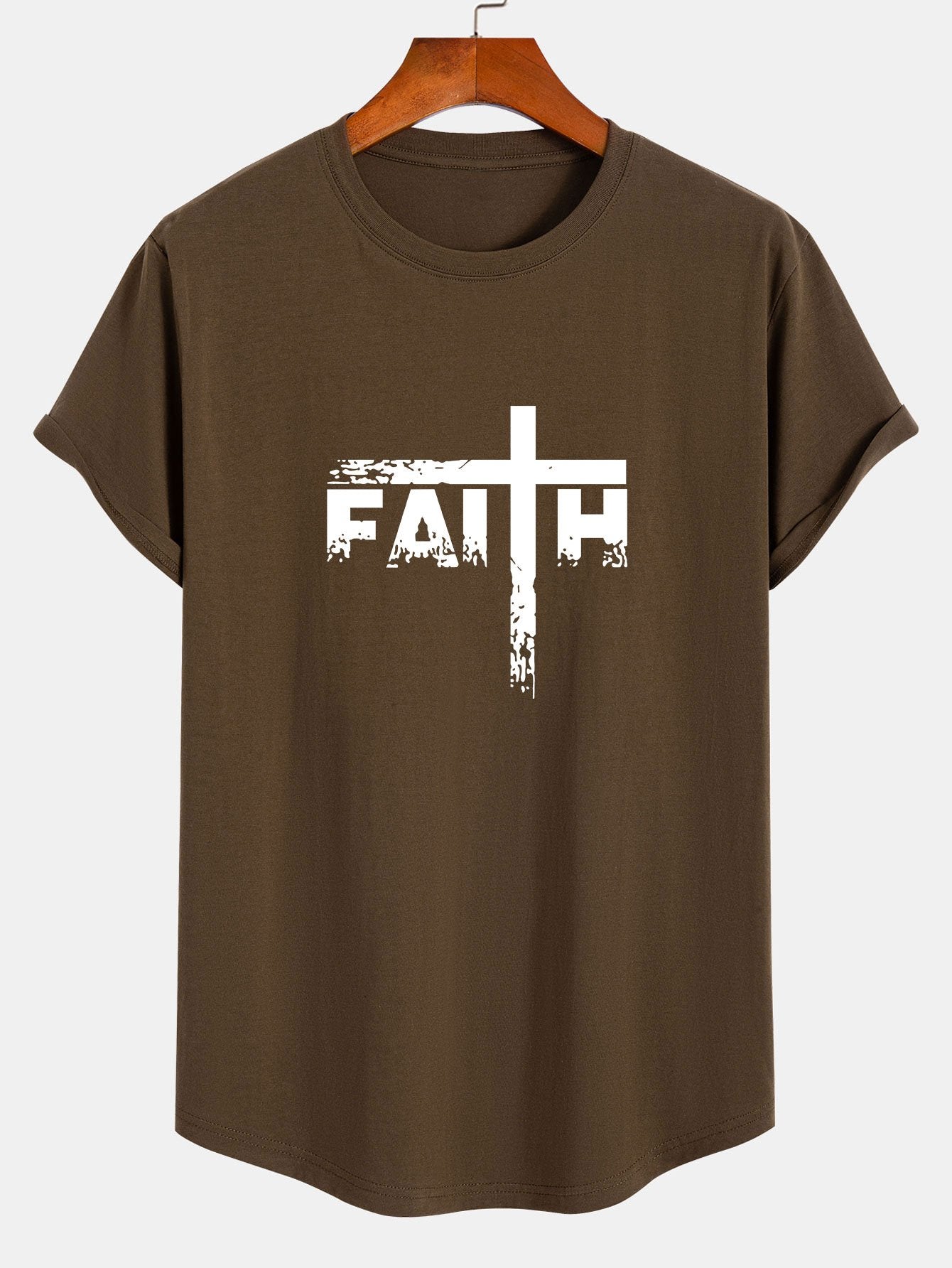 Faith Cross Print Cotton Arc Hem T-Shirt