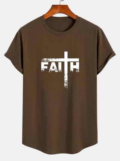 Faith Cross Print Cotton Arc Hem T-Shirt