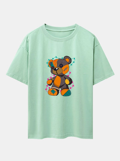 Tattered Bear Print Drop Shoulder Oversize T-Shirt