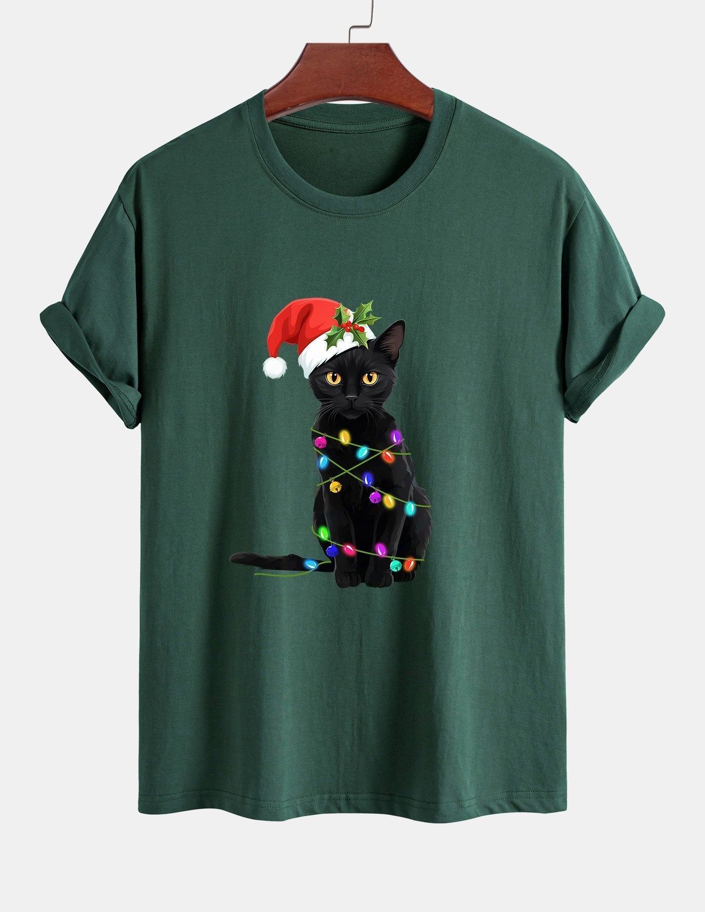 Regular Fit Christmas Lights Cat Print Cotton T-Shirt