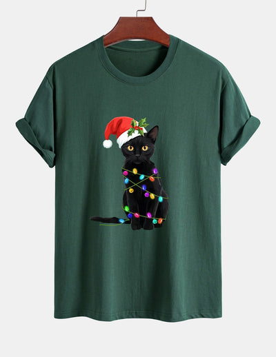 Regular Fit Christmas Lights Cat Print Cotton T-Shirt