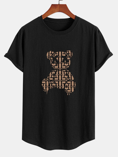 Geometric Dissolving Bear Print Cotton Arc Hem T-Shirt