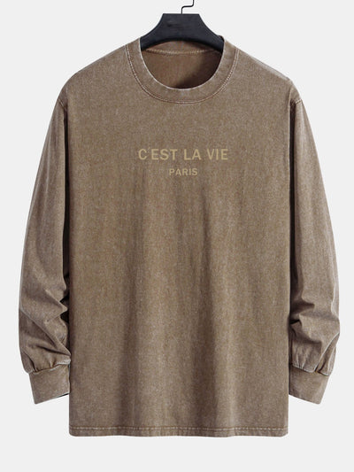 Paris Slogan Print Relax Fit Long Sleeve Washed Distressed T-Shirt
