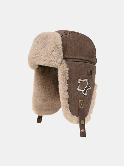 Star Patch Denim Plush Trooper Trapper Hat