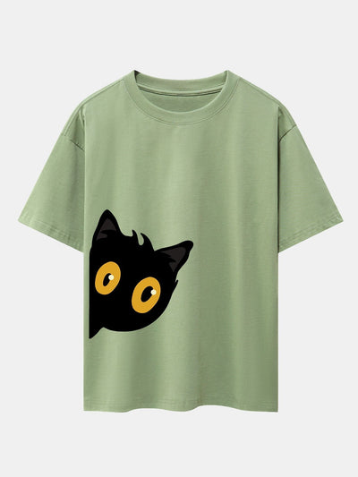 Black Cat Is Watching Print Drop Shoulder Oversize T-Shirt