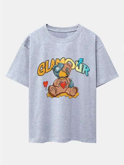 Patched Bear Print Drop Shoulder Oversize T-Shirt