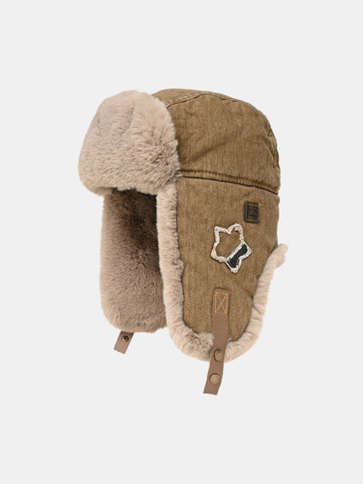 Star Patch Denim Plush Trooper Trapper Hat