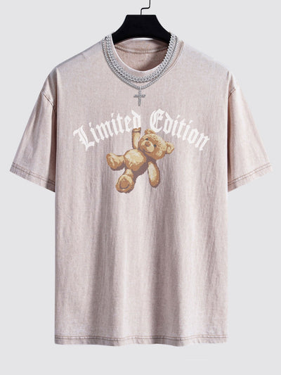Slogan Bear Print Washed Drop Shoulder Oversize T-Shirt