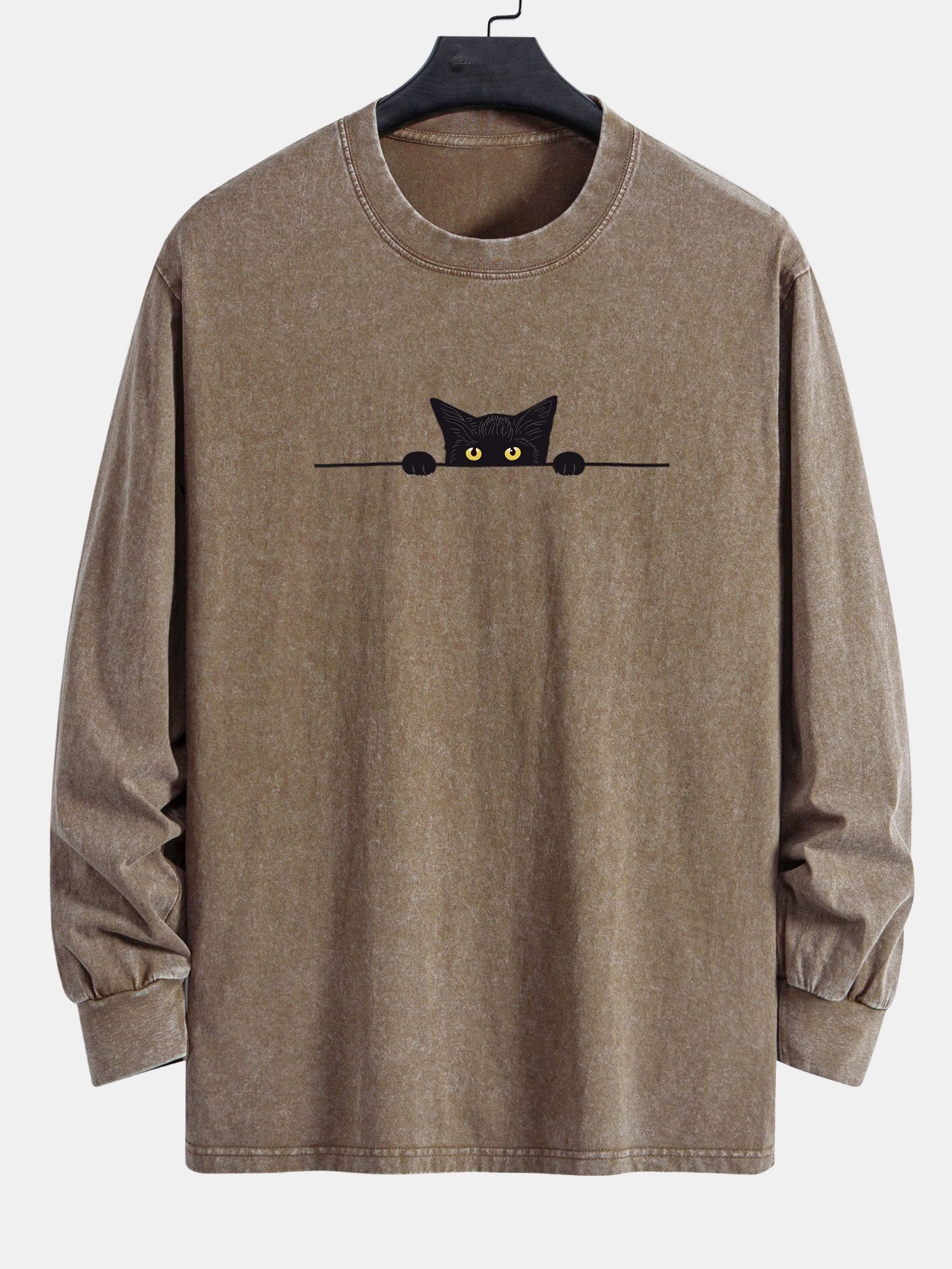 Black Cat Print Relax Fit Long Sleeve Washed Distressed T-Shirt