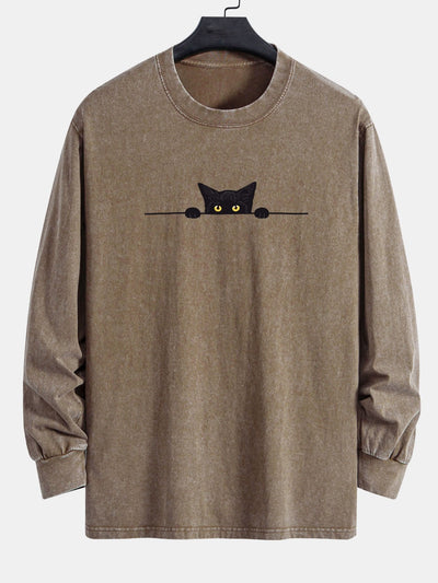 Black Cat Print Relax Fit Long Sleeve Washed Distressed T-Shirt
