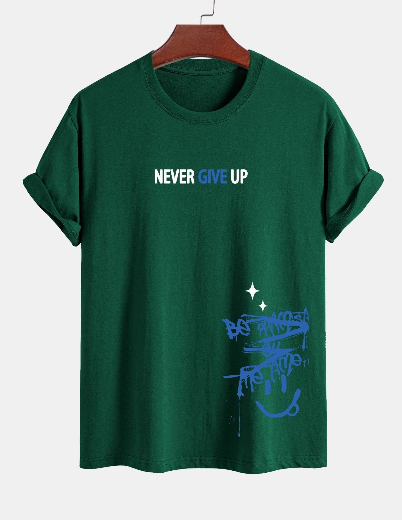 Regular Fit Never Give Up Smiley Face Print Cotton T-Shirt