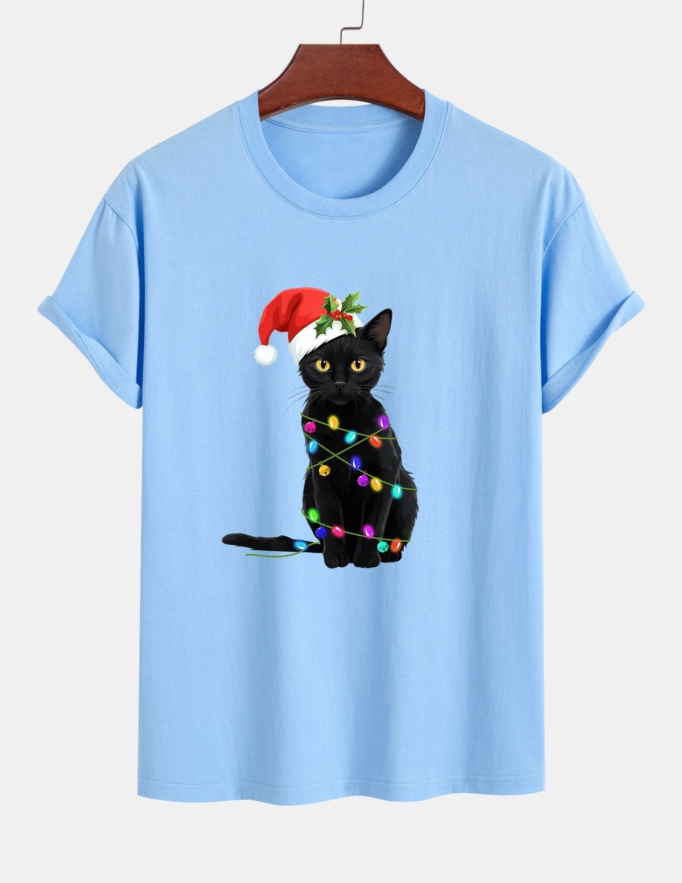 Regular Fit Christmas Lights Cat Print Cotton T-Shirt