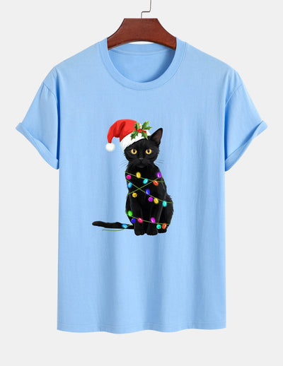 Regular Fit Christmas Lights Cat Print Cotton T-Shirt