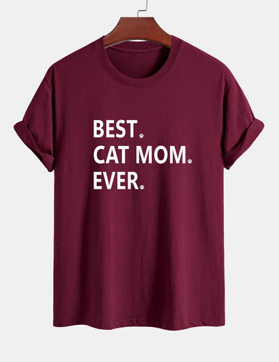 Regular Fit Best Cat Mom Ever Print Cotton T-Shirt