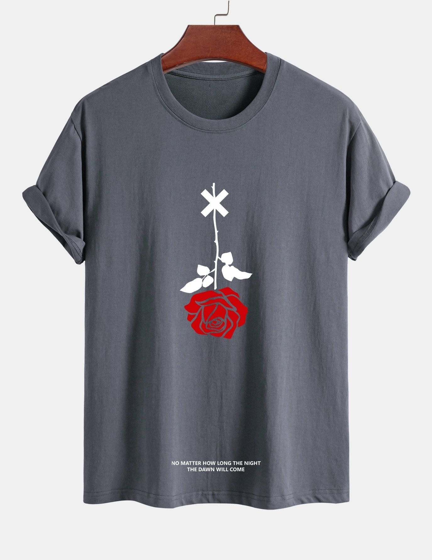 Regular Fit Inverted Rose Slogan Print Cotton T-Shirt