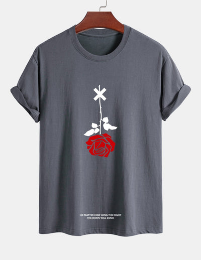 Regular Fit Inverted Rose Slogan Print Cotton T-Shirt