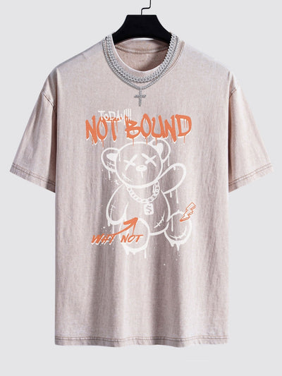 Slogan Graffiti Bear Print Washed Drop Shoulder Oversize T-Shirt