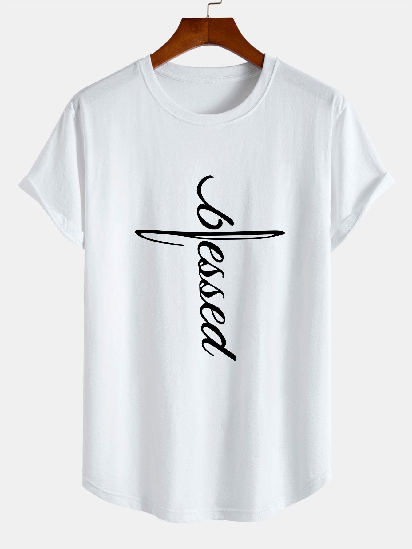 Blessed Word Print Cotton Arc Hem T-Shirt