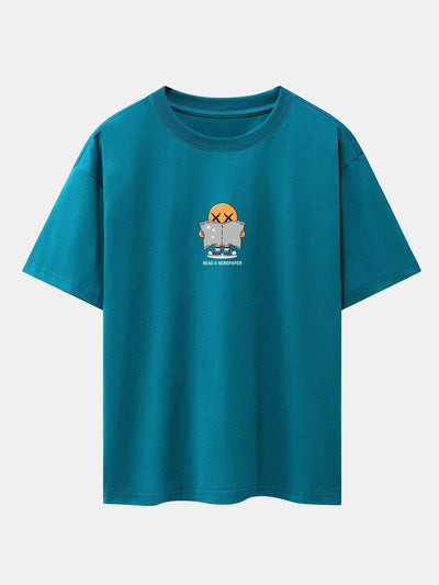 Cartoon Smiley Read Newspaper Print Drop Shoulder Oversize T-Shirt