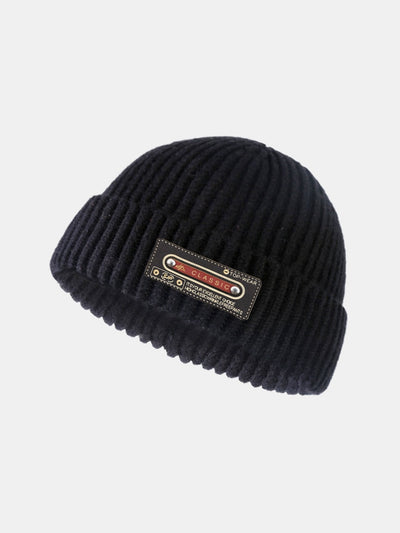 Solid Color Slogan Patch Knit Beanie Hat
