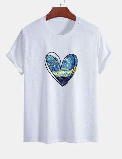Regular Fit Starry Sky Heart Print Cotton T-Shirt
