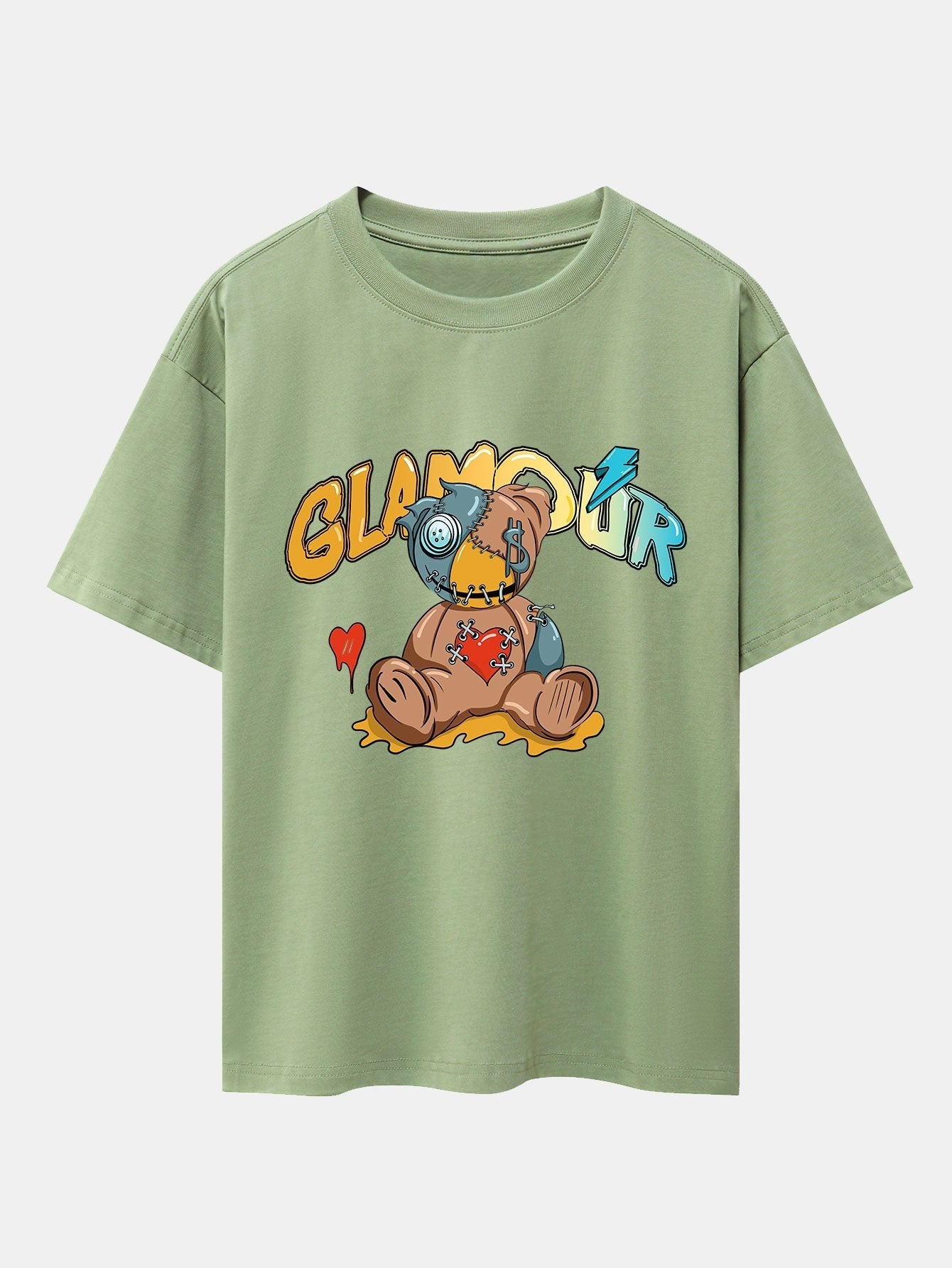 Patched Bear Print Drop Shoulder Oversize T-Shirt