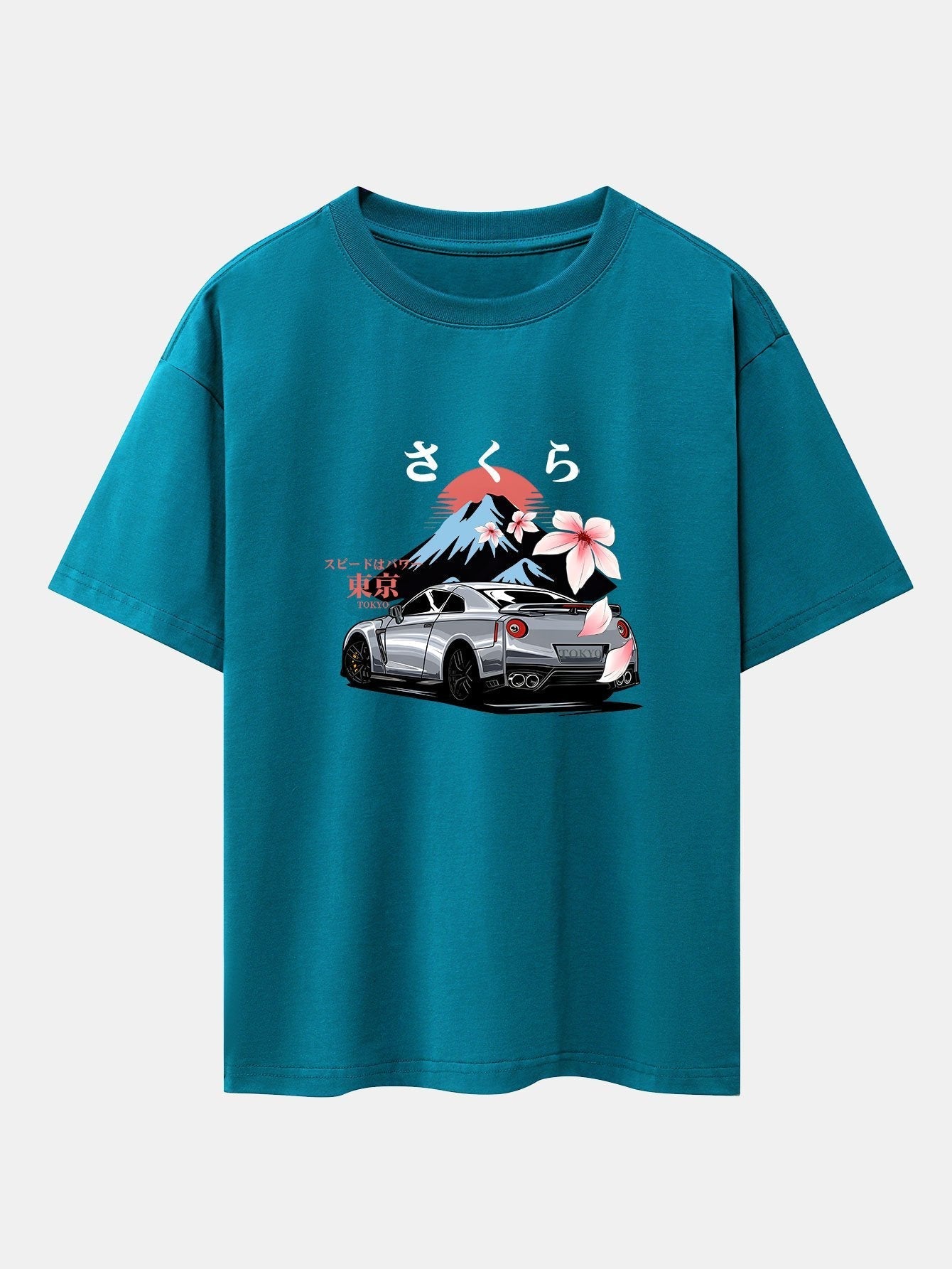 Tokyo Cherry Blossoms Car Print Drop Shoulder Oversize T-Shirt