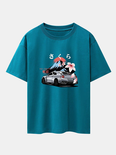 Tokyo Cherry Blossoms Car Print Drop Shoulder Oversize T-Shirt