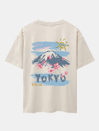 Mountain Cherry Blossoms Back Print Oversize T-Shirt