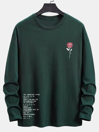 Long Sleeve Slogon Rose Print Cotton T-Shirt