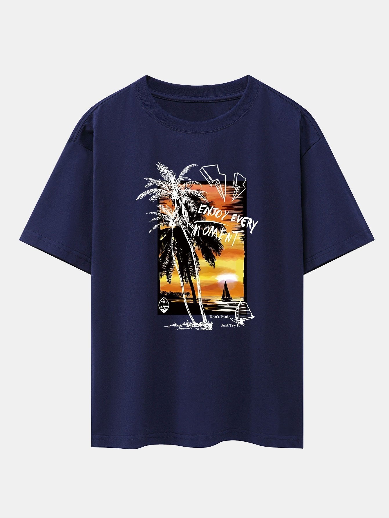 Vacation Sunset Palm Trees Print Drop Shoulder Oversize T-Shirt