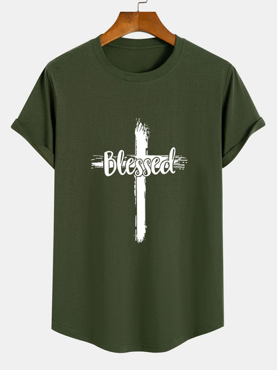 Blessed Cross Print Cotton Arc Hem T-Shirt