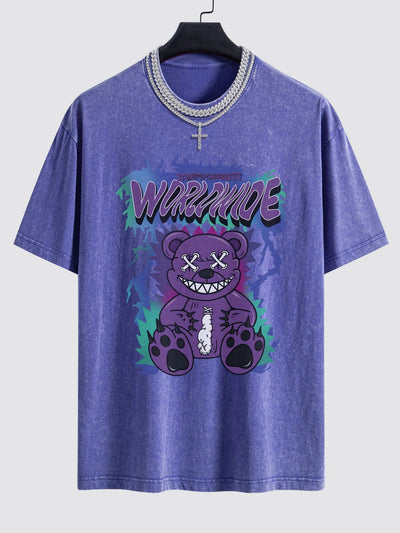 Tattered Bear Print Washed Drop Shoulder Oversize T-Shirt