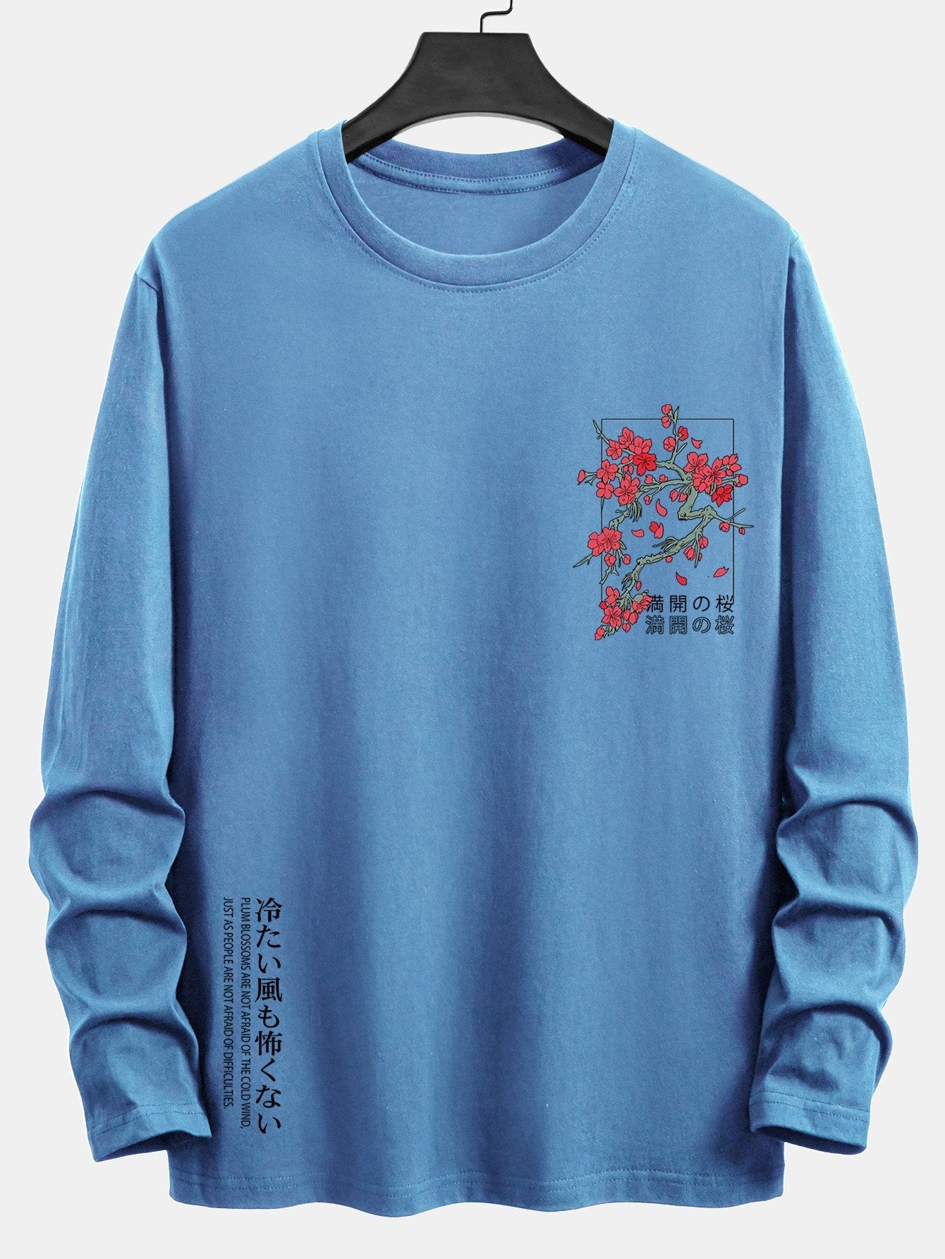 Long Sleeve Cherry Blossom Slogan Print Cotton T-Shirt