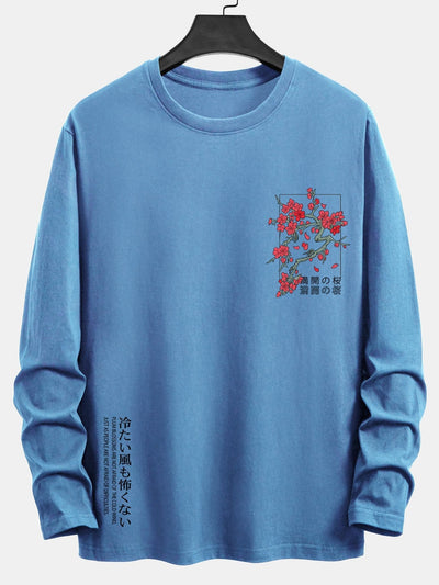 Long Sleeve Cherry Blossom Slogan Print Cotton T-Shirt