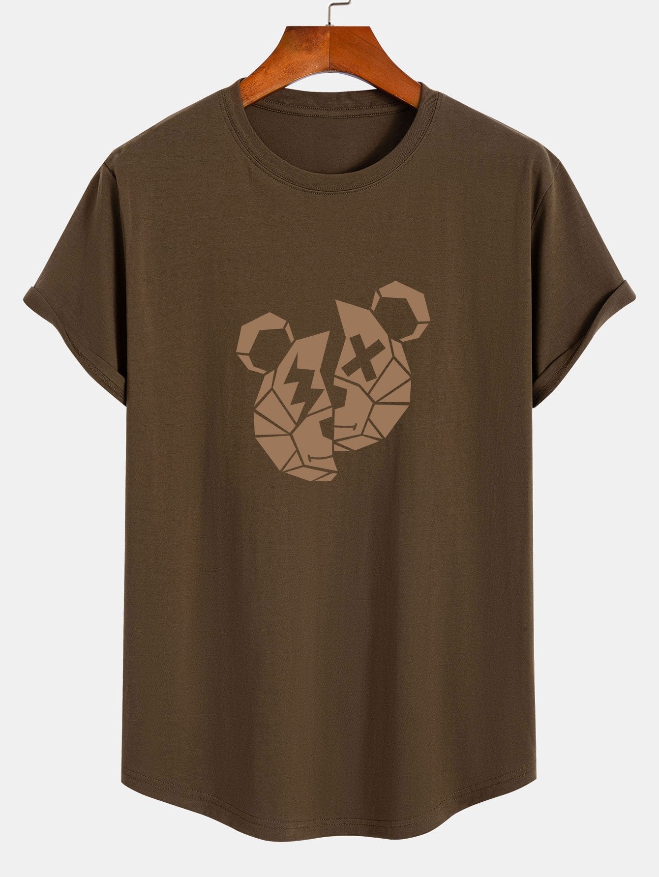 Geometric Bear Print Cotton Arc Hem T-Shirt