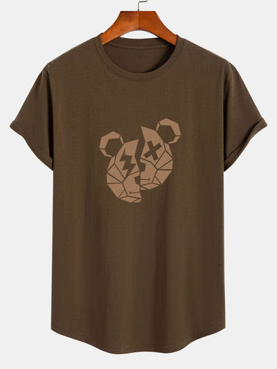 Geometric Bear Print Cotton Arc Hem T-Shirt