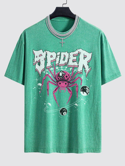 Spider Print Washed Drop Shoulder Oversize T-Shirt