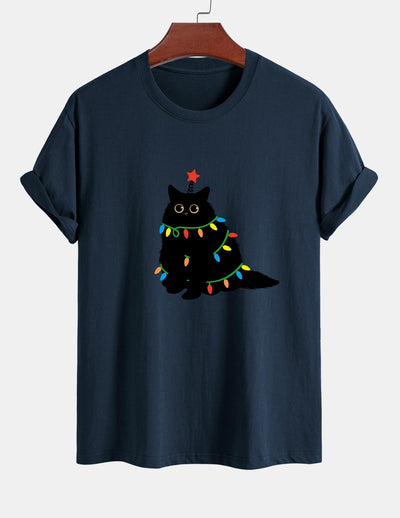 Regular Fit Colorful Light Black Cat Print Cotton T-Shirt