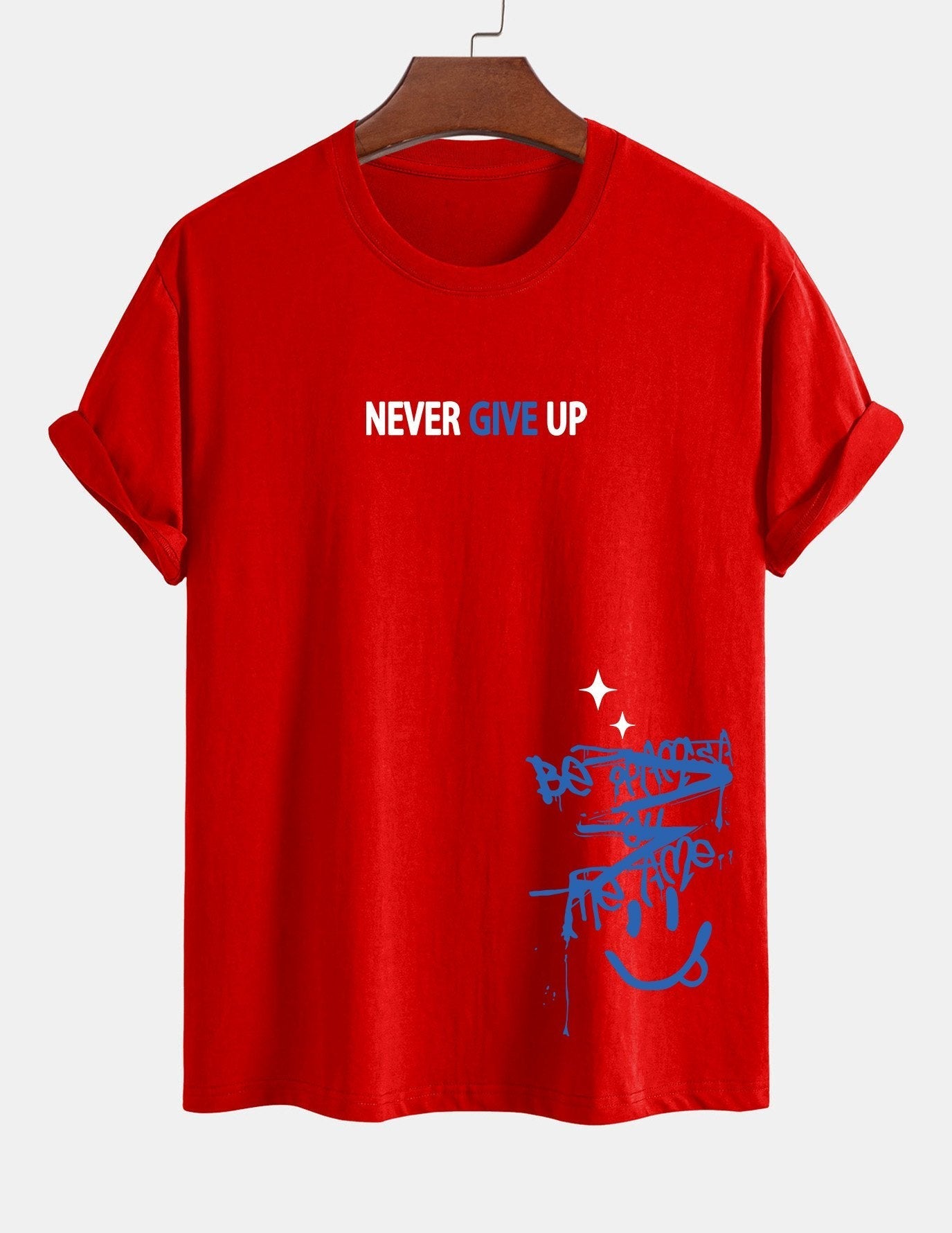 Regular Fit Never Give Up Smiley Face Print Cotton T-Shirt